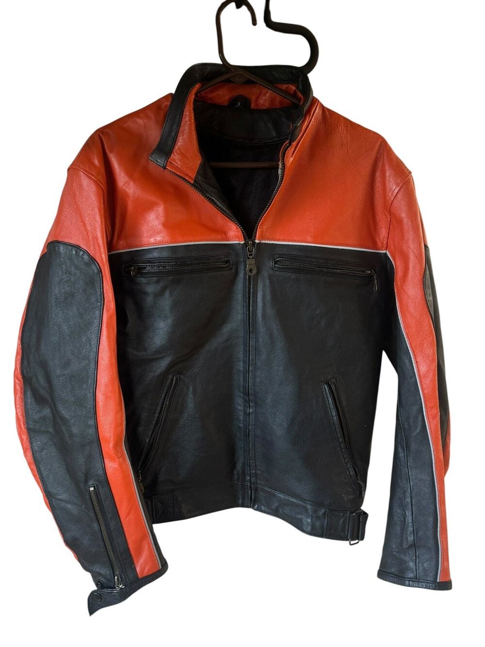 Unbranded Leather Motorcycle Jacket Mens small Black Orange Excellent Colorblock